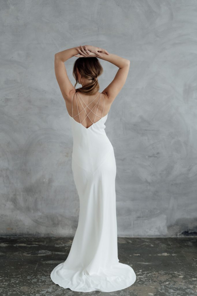 Minimal contemporary ethical bridalwear crafted with vegan eco-friendly, sustainable fabrics.