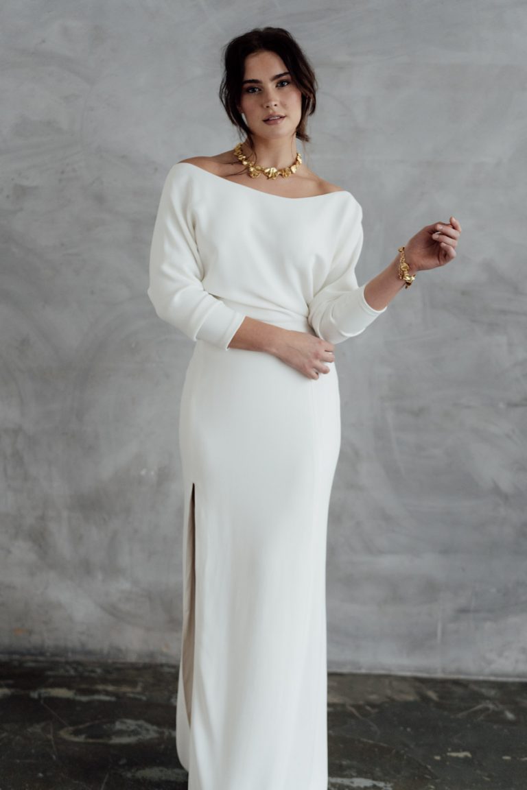 Minimal contemporary ethical bridalwear crafted with vegan eco-friendly, sustainable fabrics.