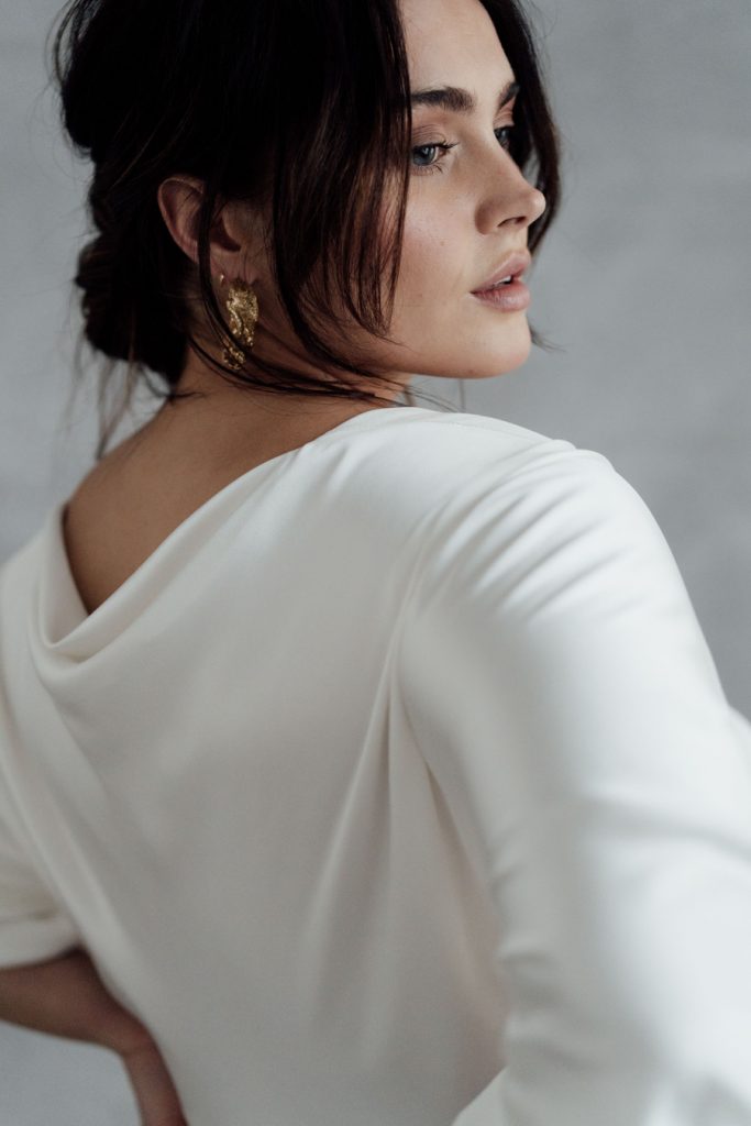 Minimal contemporary ethical bridalwear crafted with vegan eco-friendly, sustainable fabrics.