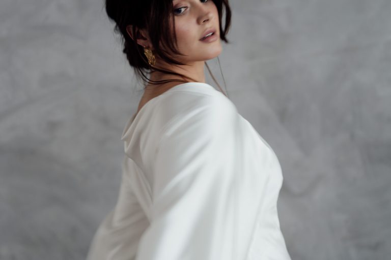 Minimal contemporary ethical bridalwear crafted with vegan eco-friendly, sustainable fabrics.