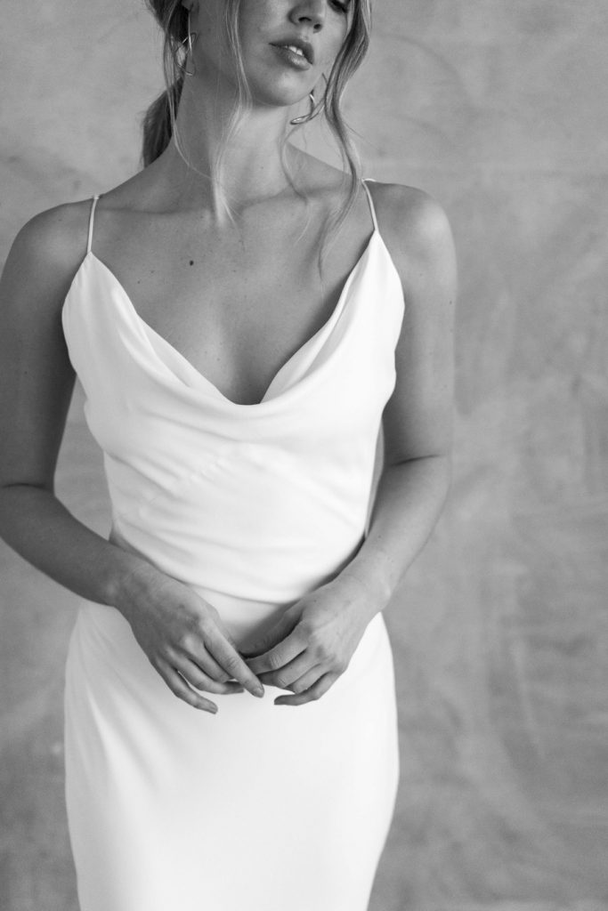 Minimal contemporary ethical bridalwear crafted with vegan eco-friendly, sustainable fabrics.