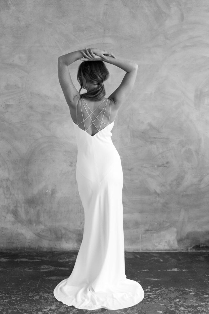 Minimal contemporary ethical bridalwear crafted with vegan eco-friendly, sustainable fabrics.