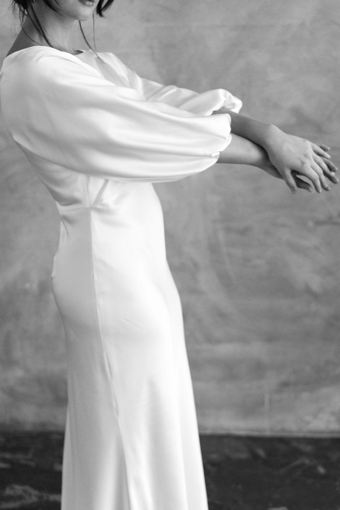 Minimal contemporary ethical bridalwear crafted with vegan eco-friendly, sustainable fabrics.