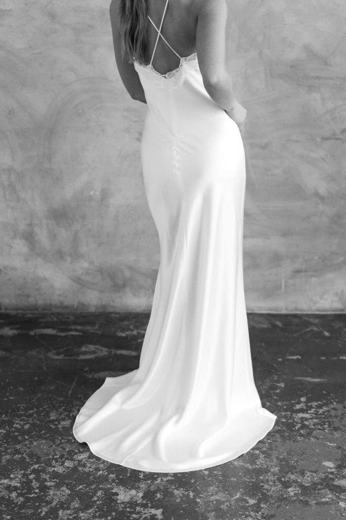 Minimal contemporary ethical bridalwear crafted with vegan eco-friendly, sustainable fabrics.