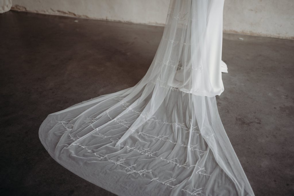 Embroidered custom veils crafted by British bridal designer Rebecca Anne Designs