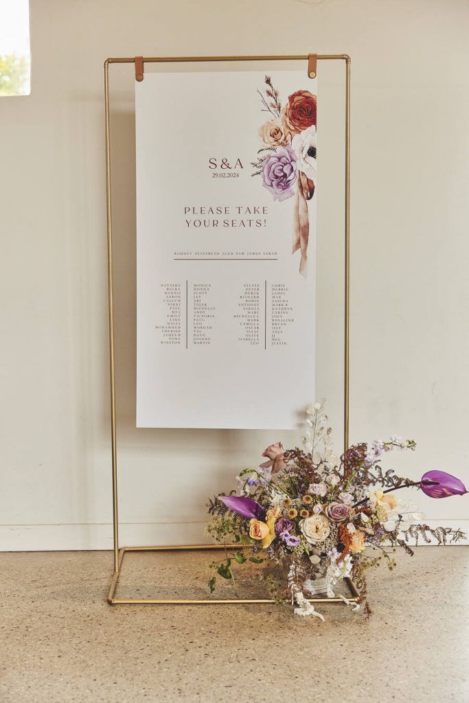 A contemporary wedding palette of lilac, mauve and burnt orange for vineyard wedding inspired by the Mediterranean sunset