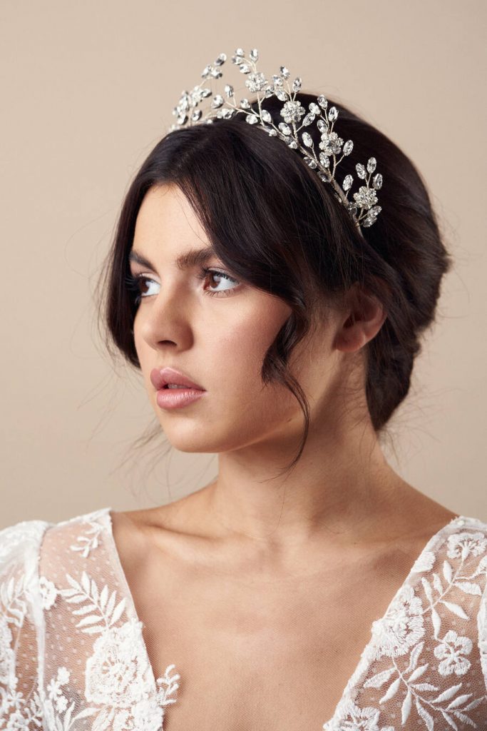 Modern tiara in silver crystal with flowers by Debbie Carlisle - Mabel