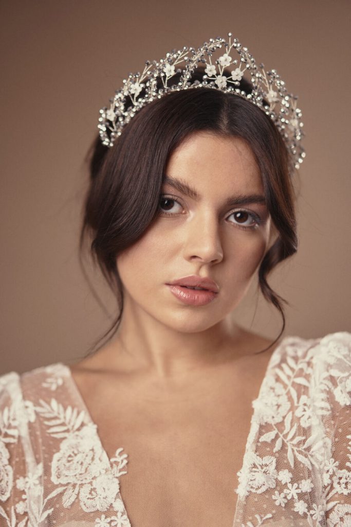 Silver flower wedding crown in Laboradite crystal by Debbie Carlisle - Coraline