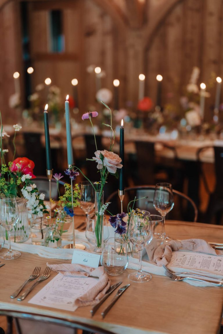 Understated styling with a hint of wildflowers for an intimate woodland wedding