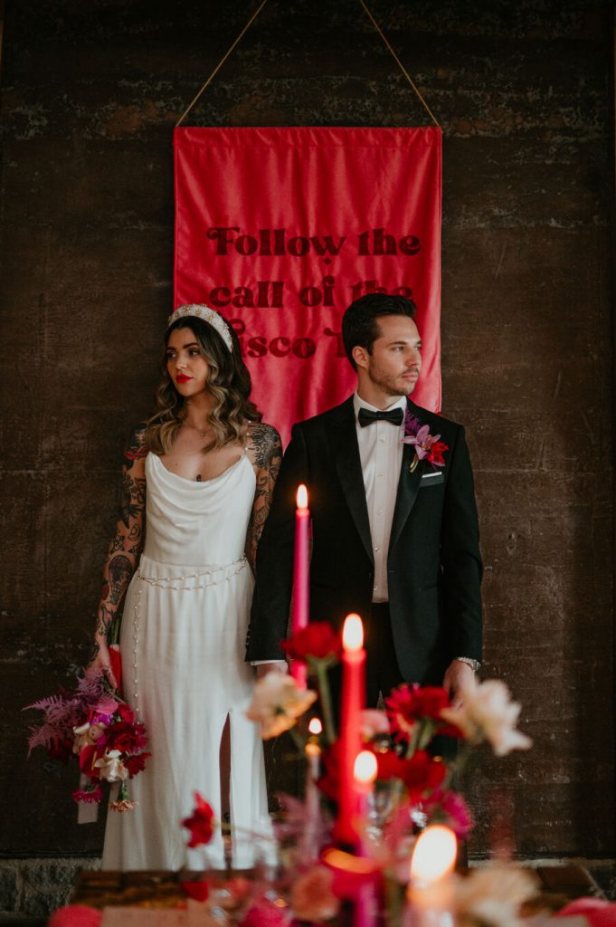 Viva Magenta colour theme for rock and roll meets disco wedding at Elmore Court | Mark Horton Photos