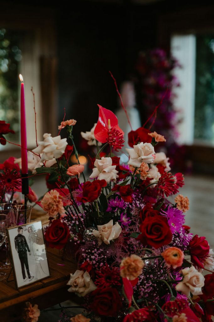 Viva Magenta colour theme for rock and roll meets disco wedding at Elmore Court | Mark Horton Photos