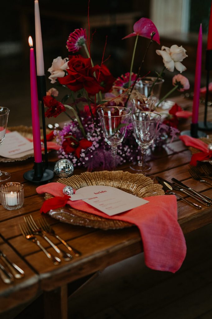 Viva Magenta colour theme for rock and roll meets disco wedding at Elmore Court | Mark Horton Photos