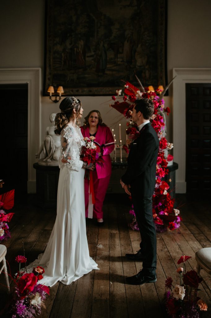 Viva Magenta colour theme for rock and roll meets disco wedding at Elmore Court | Mark Horton Photos