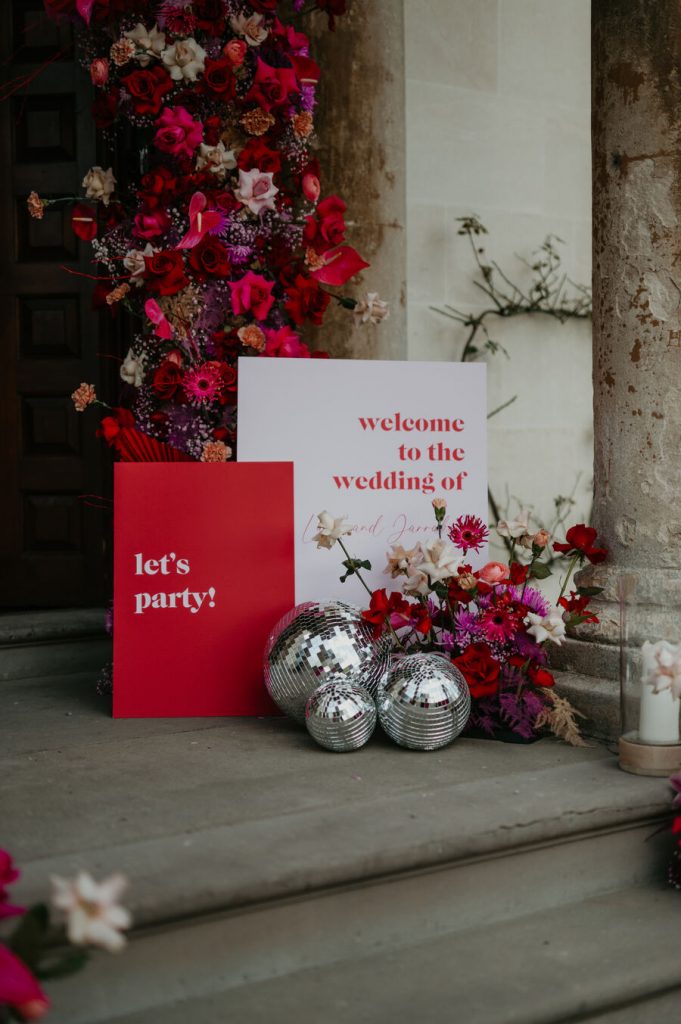 Viva Magenta colour theme for rock and roll meets disco wedding at Elmore Court | Mark Horton Photos