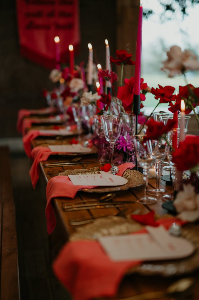 Viva Magenta colour theme for rock and roll meets disco wedding at Elmore Court | Mark Horton Photos