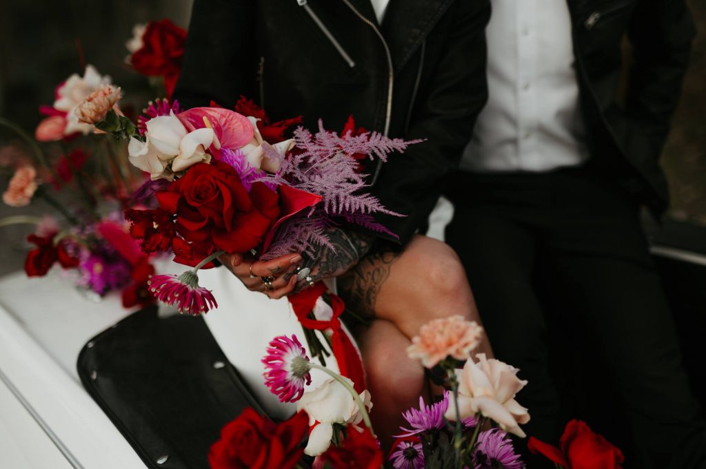 Viva Magenta colour theme for rock and roll meets disco wedding at Elmore Court | Mark Horton Photos