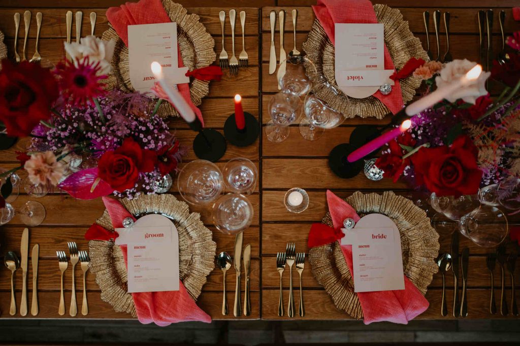 Viva Magenta colour theme for rock and roll meets disco wedding at Elmore Court | Mark Horton Photos