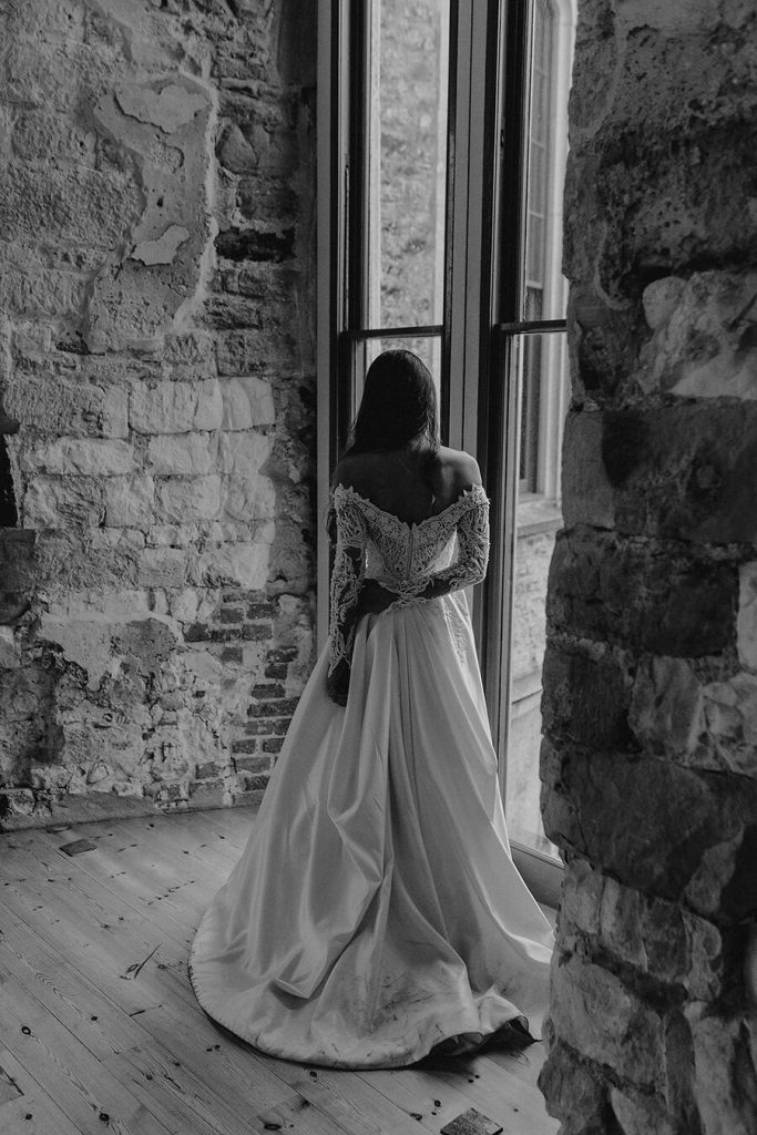 Bride Roxy looking stunning in a custom Eva Lendel dress