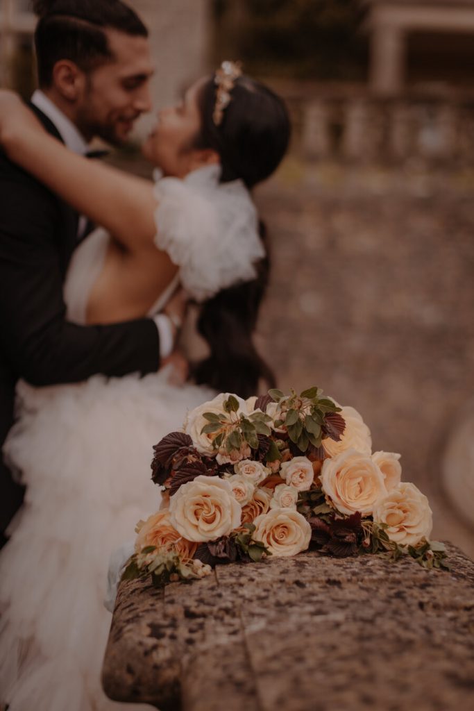 Peaches and cream wedding styling at Eurudge Manor embodying Italian wedding vibes