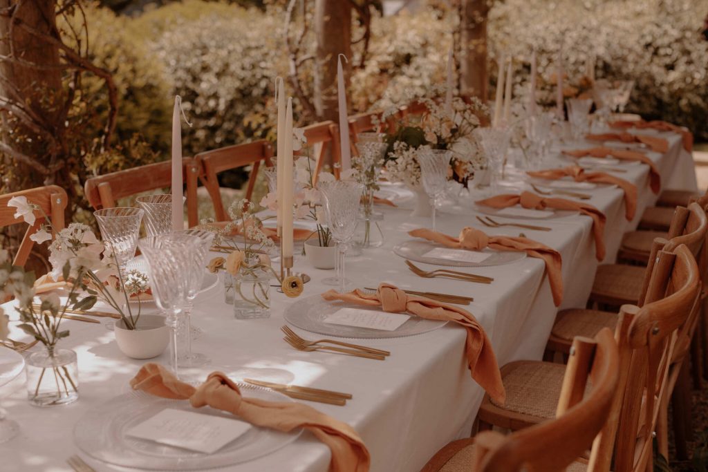Peaches and cream wedding styling at Eurudge Manor embodying Italian wedding vibes
