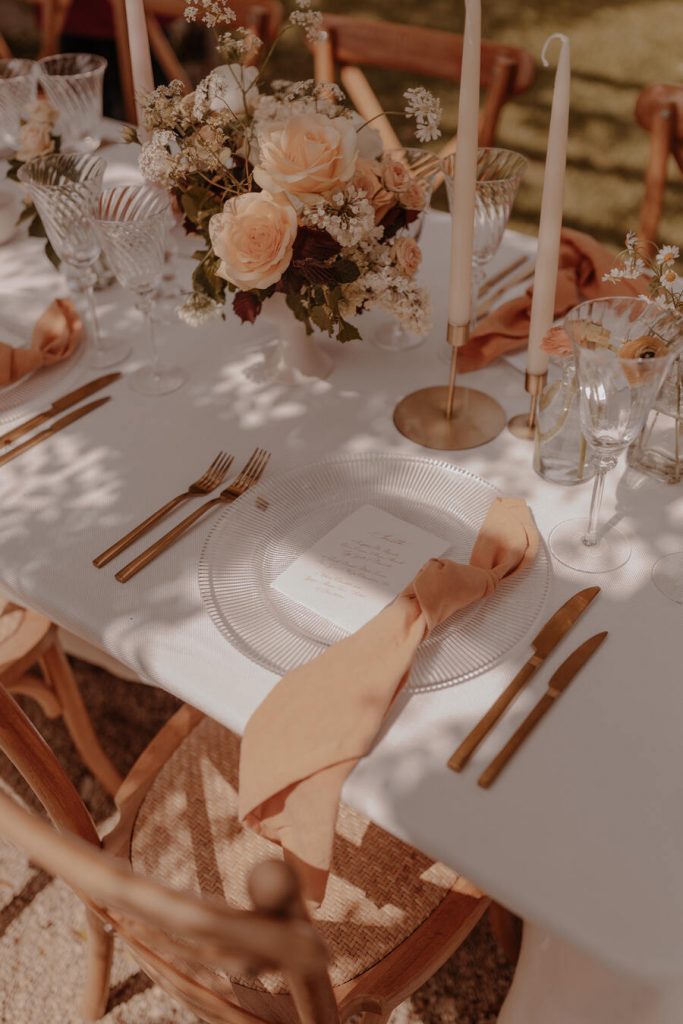 Peaches and cream wedding styling at Eurudge Manor embodying Italian wedding vibes