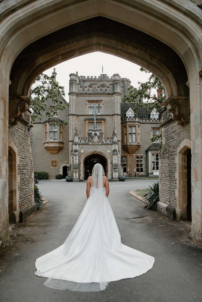 Bride Kirsty slaying it in a minimalist Morilee wedding dress at Tortworth Court