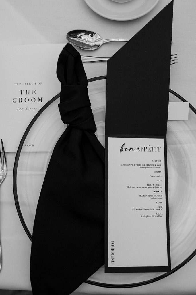Minimalist monochrome styling for an elegantly luxe summer celebration at Tortworth Court