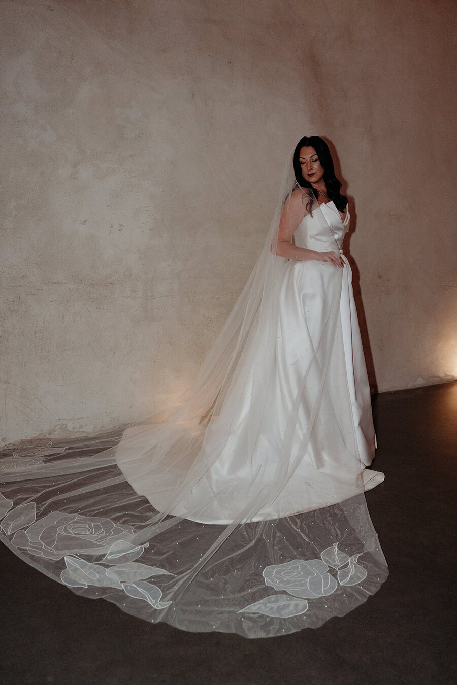 Bride Rebecca of Rebecca Anne Designs wearing her own bespoke veil, teamed with a Suzanne Neville wedding gown and Tilly Thomas Lux accessories