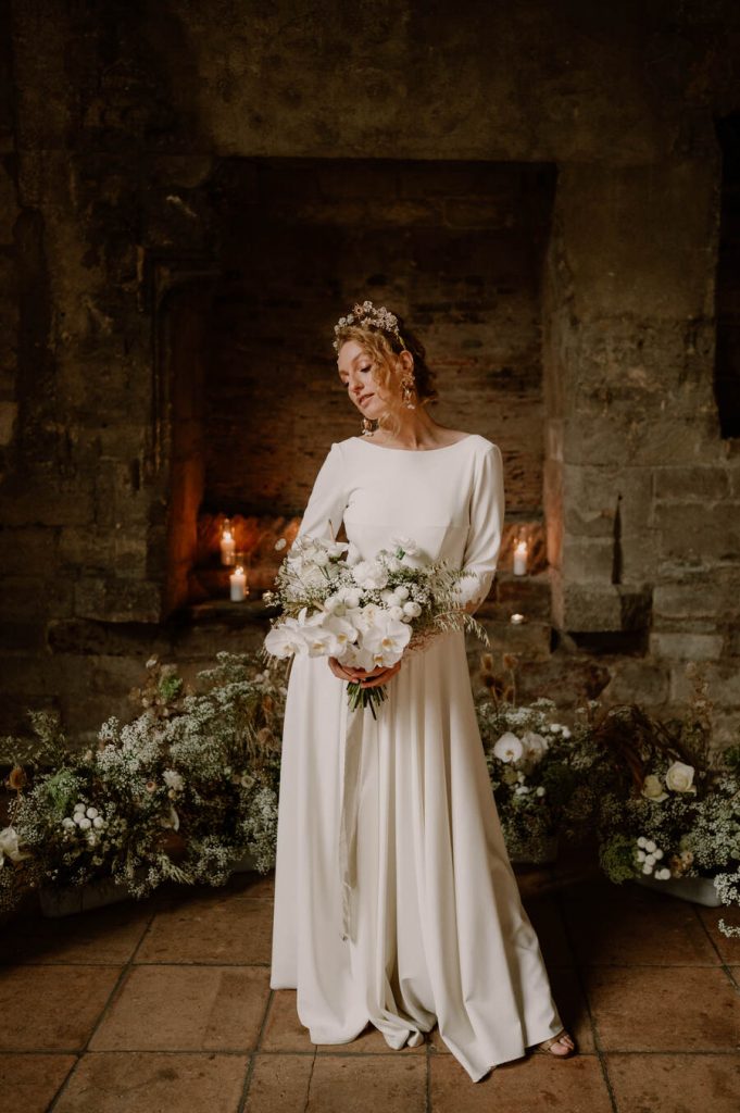An all white bridal look embodying an elegant less is more approach