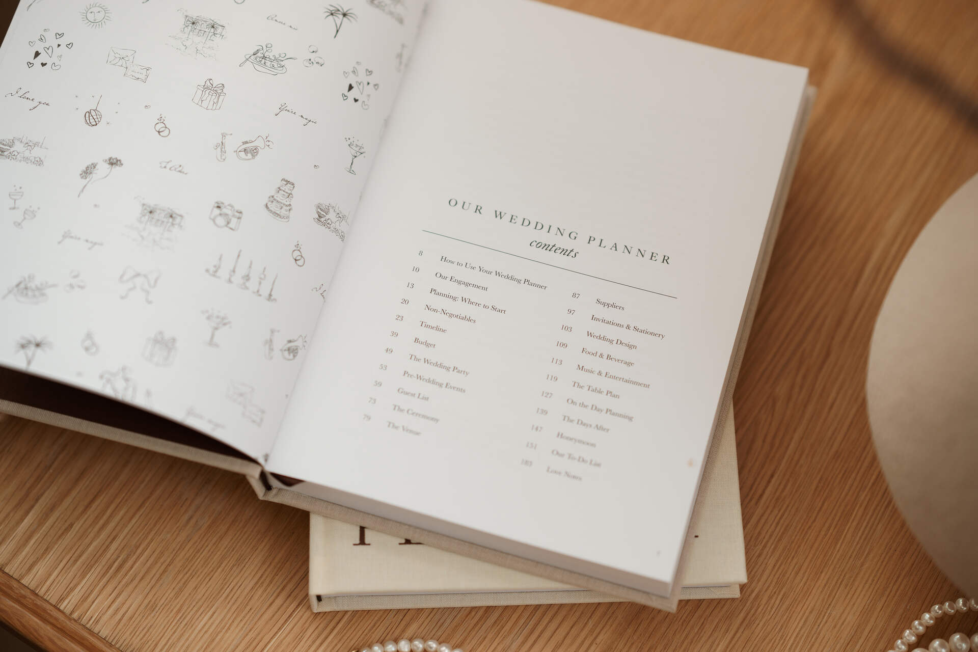 The contents page of Mose &'s stylishly chic wedding planning journal, bound in soft beige linen.