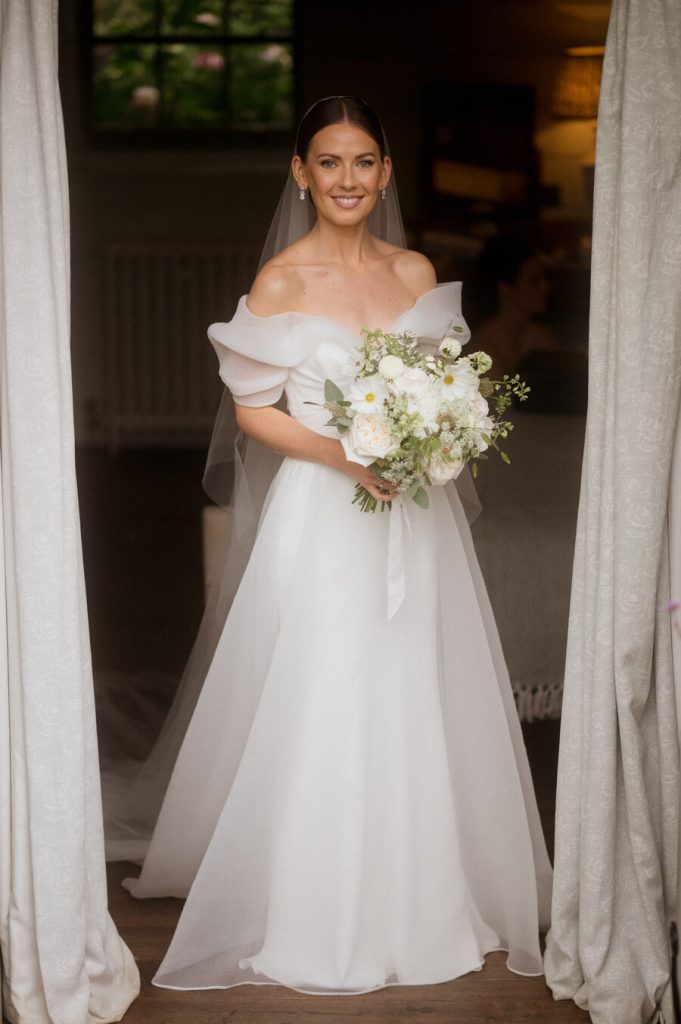 Beautiful bride Lauren, elegant in a sweetheart neckline, off the shoulder elegant organza NEWHITE wedding dress