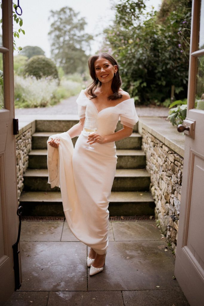 Beautiful bride Lauren, elegant in a sweetheart neckline, off the shoulder elegant organza NEWHITE wedding dress