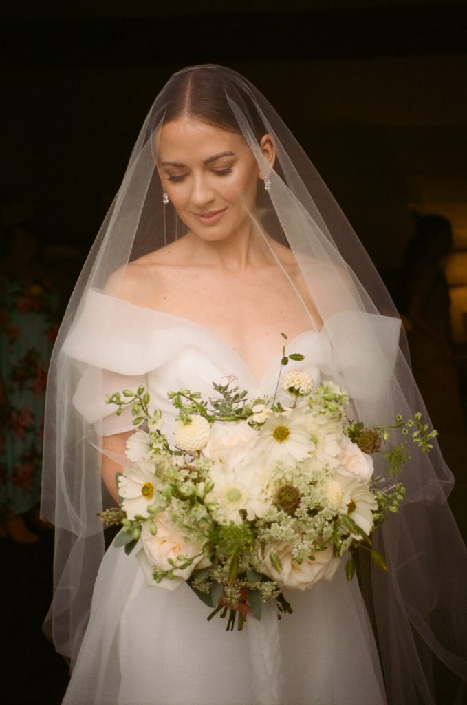 Beautiful bride Lauren, elegant in a sweetheart neckline, off the shoulder elegant organza NEWHITE wedding dress