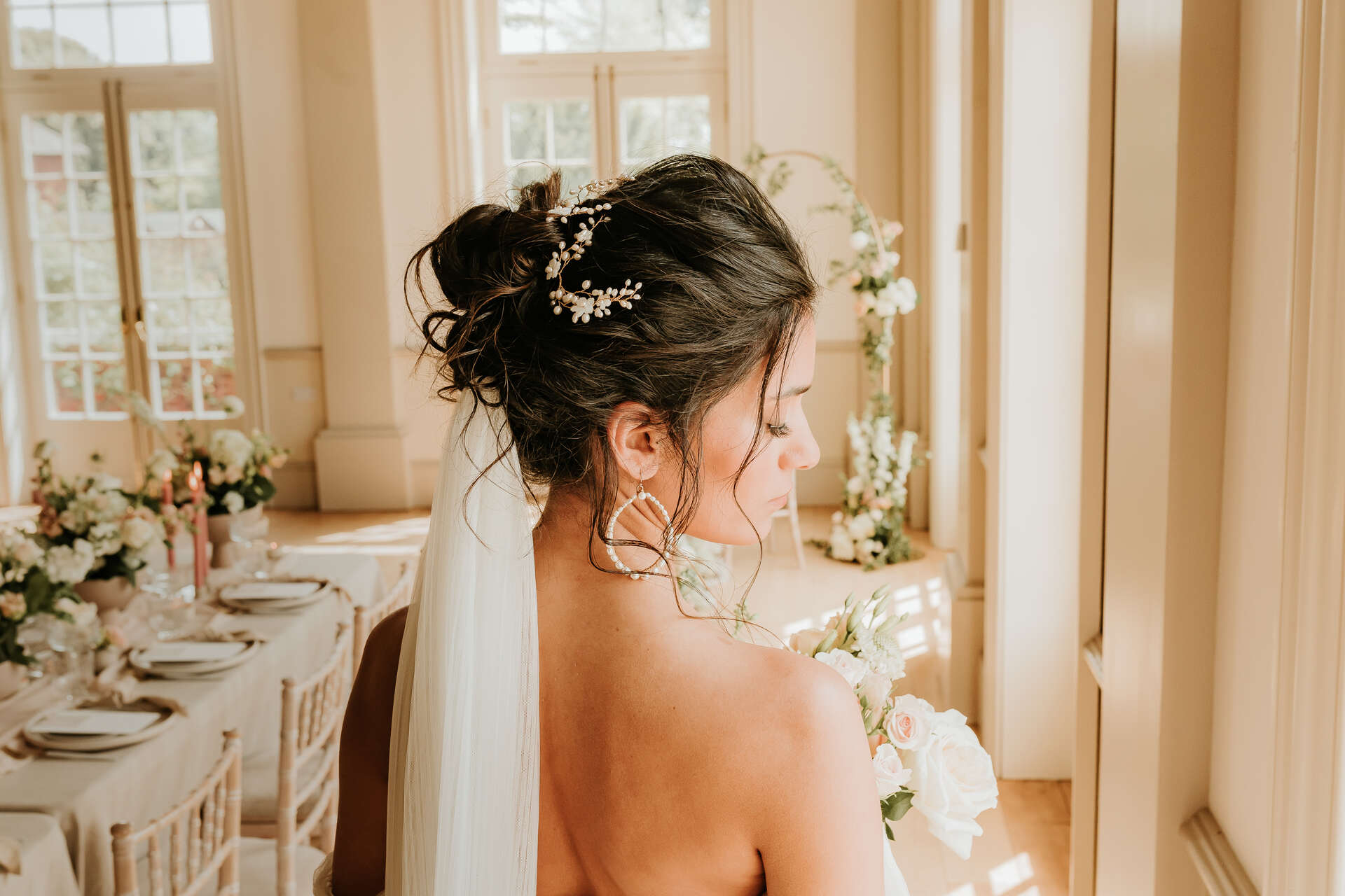 A romantic, elegant bridal look for a nude luxe wedding aesthetic at Hodsock Priory