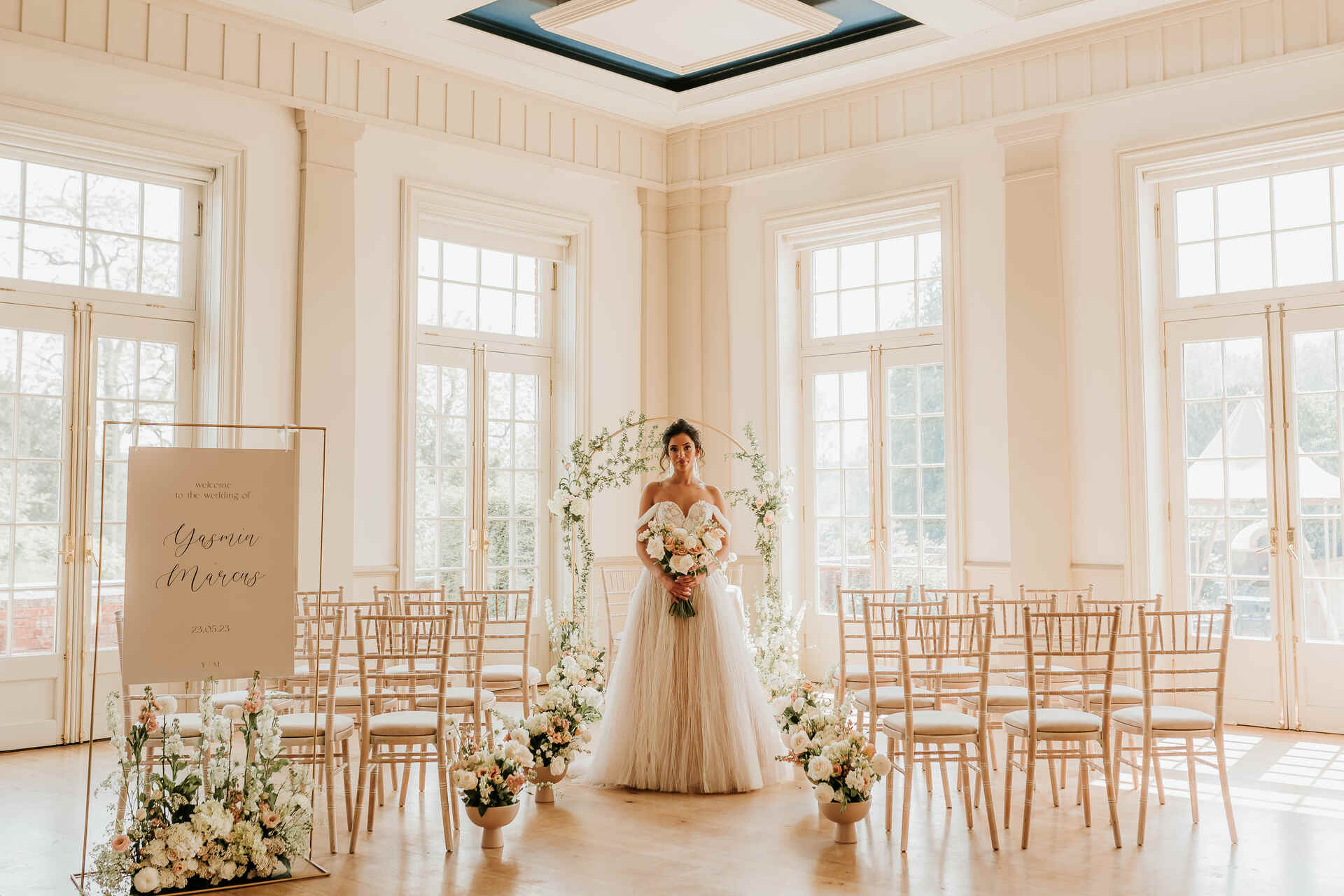A romantic, elegant bridal look for a nude luxe wedding aesthetic at Hodsock Priory