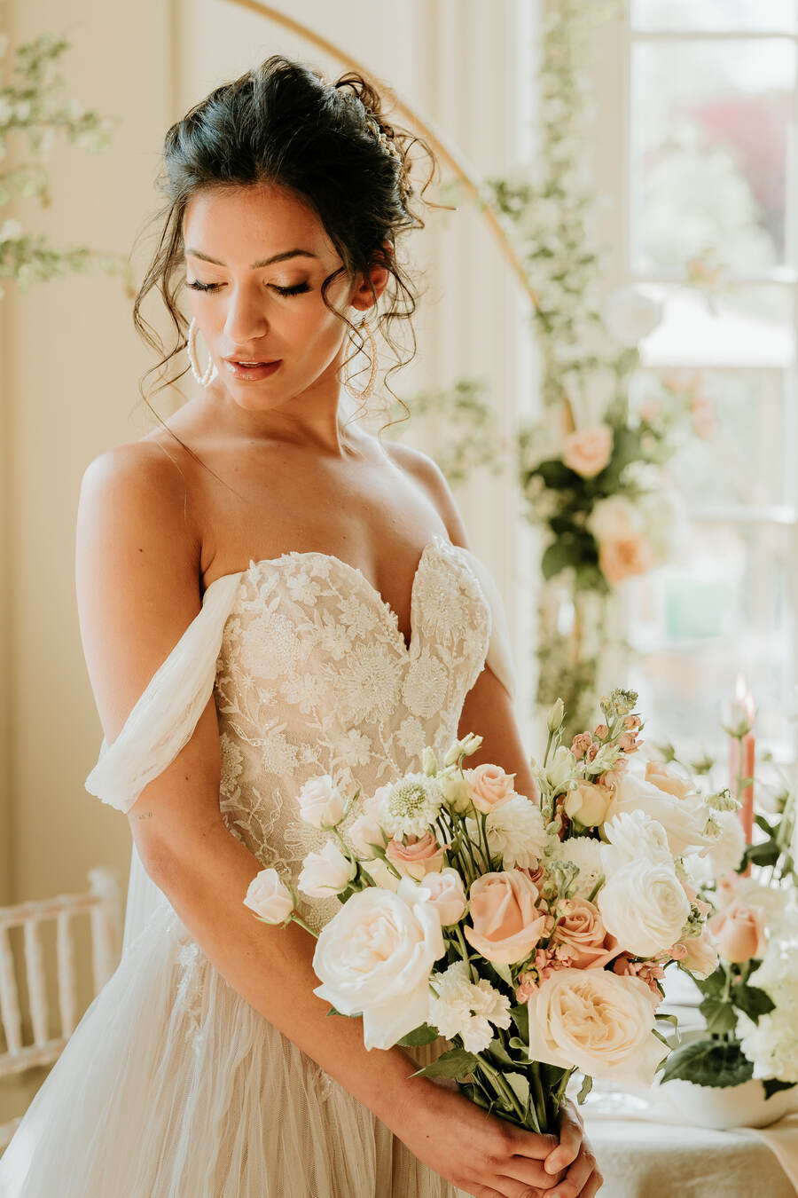 A romantic, elegant bridal look for a nude luxe wedding aesthetic at Hodsock Priory
